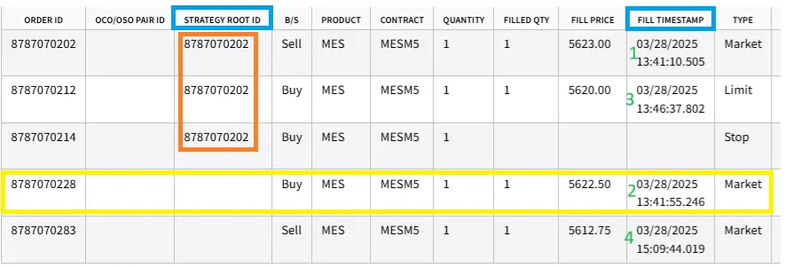 Orders Report showing fills, timestamps, and Strategy Root ID